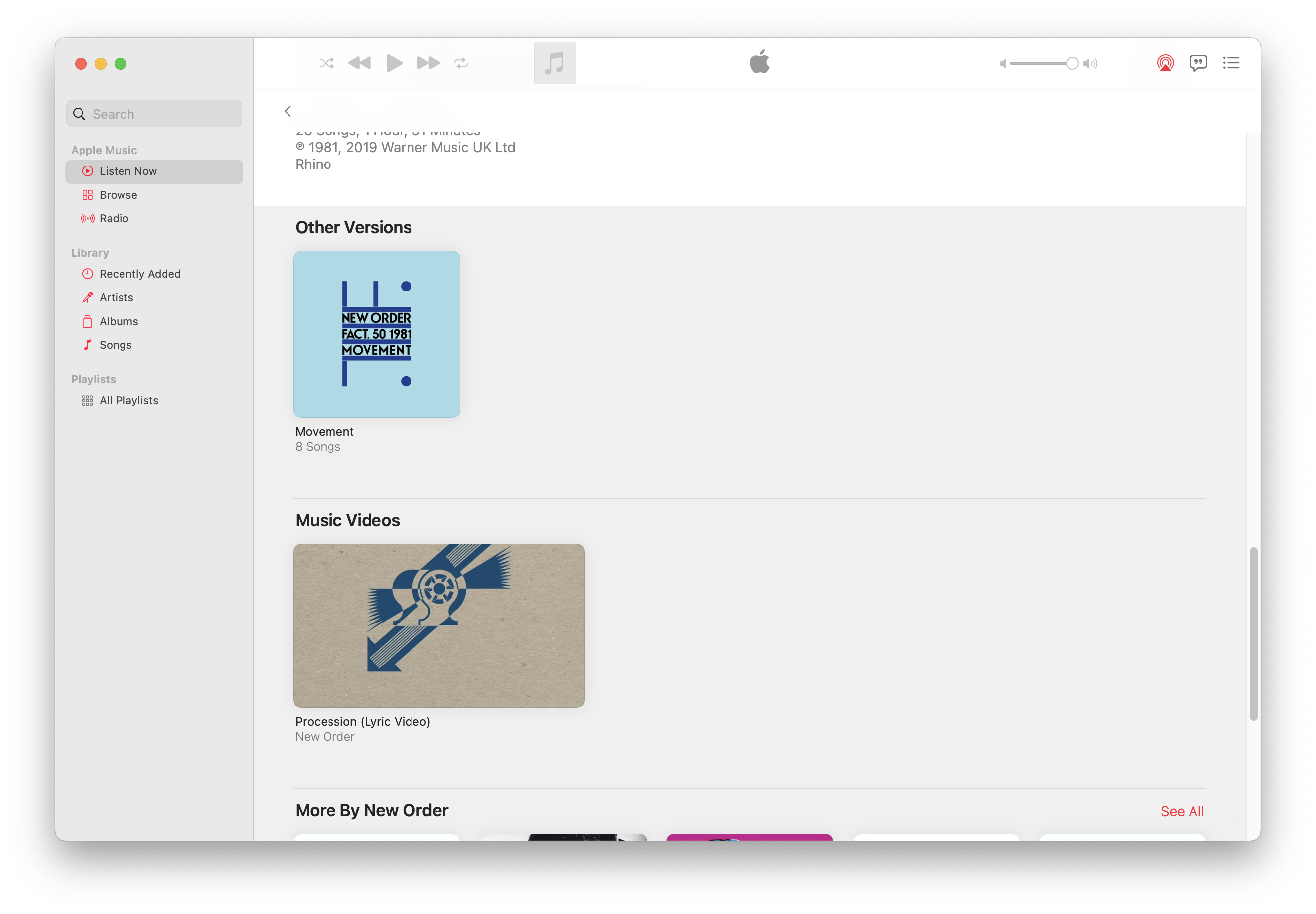 New Order's Movement, with multiple versions shown, on Apple Music